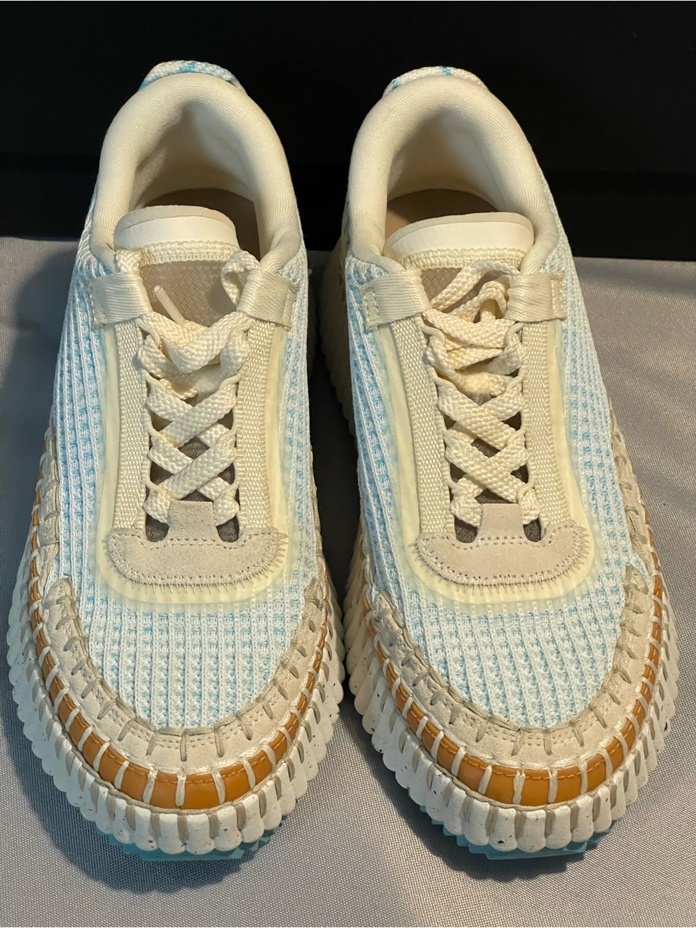 Chloe K Cream and Light Blue Woven Sneakers